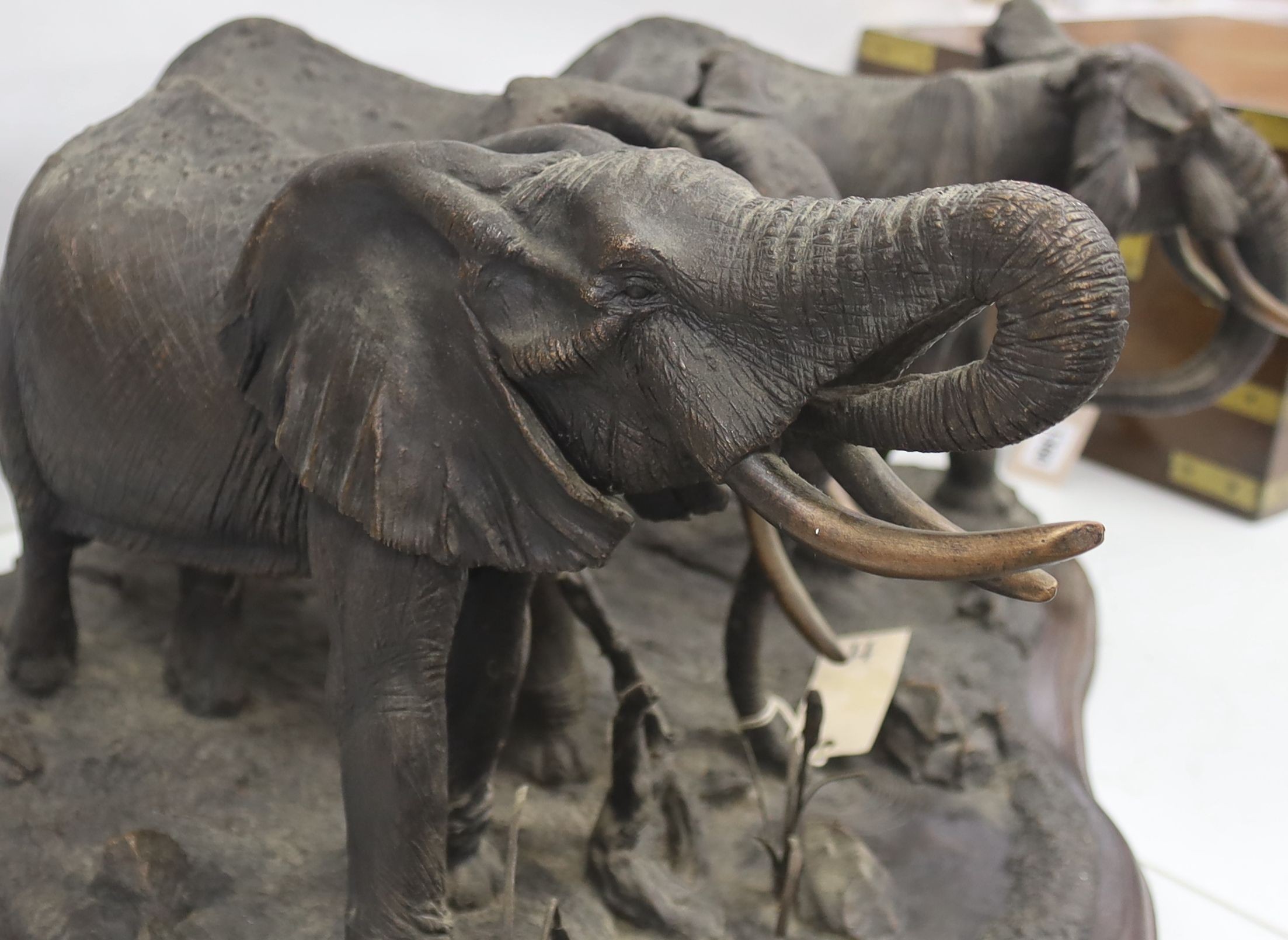 Tim Nicklin, bronzed resin group, Three elephants watering, 1989, 6/10, 71cm 70cm